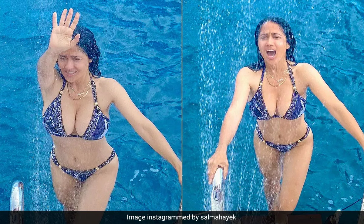 Salma Hayek Stuns In Blue String Bikini Set For Midweek Pool Day